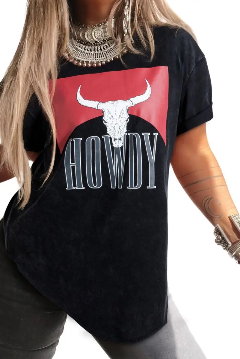 Black Western HOWDY Steer Head Print Side Slits T Shirt - Love Salve